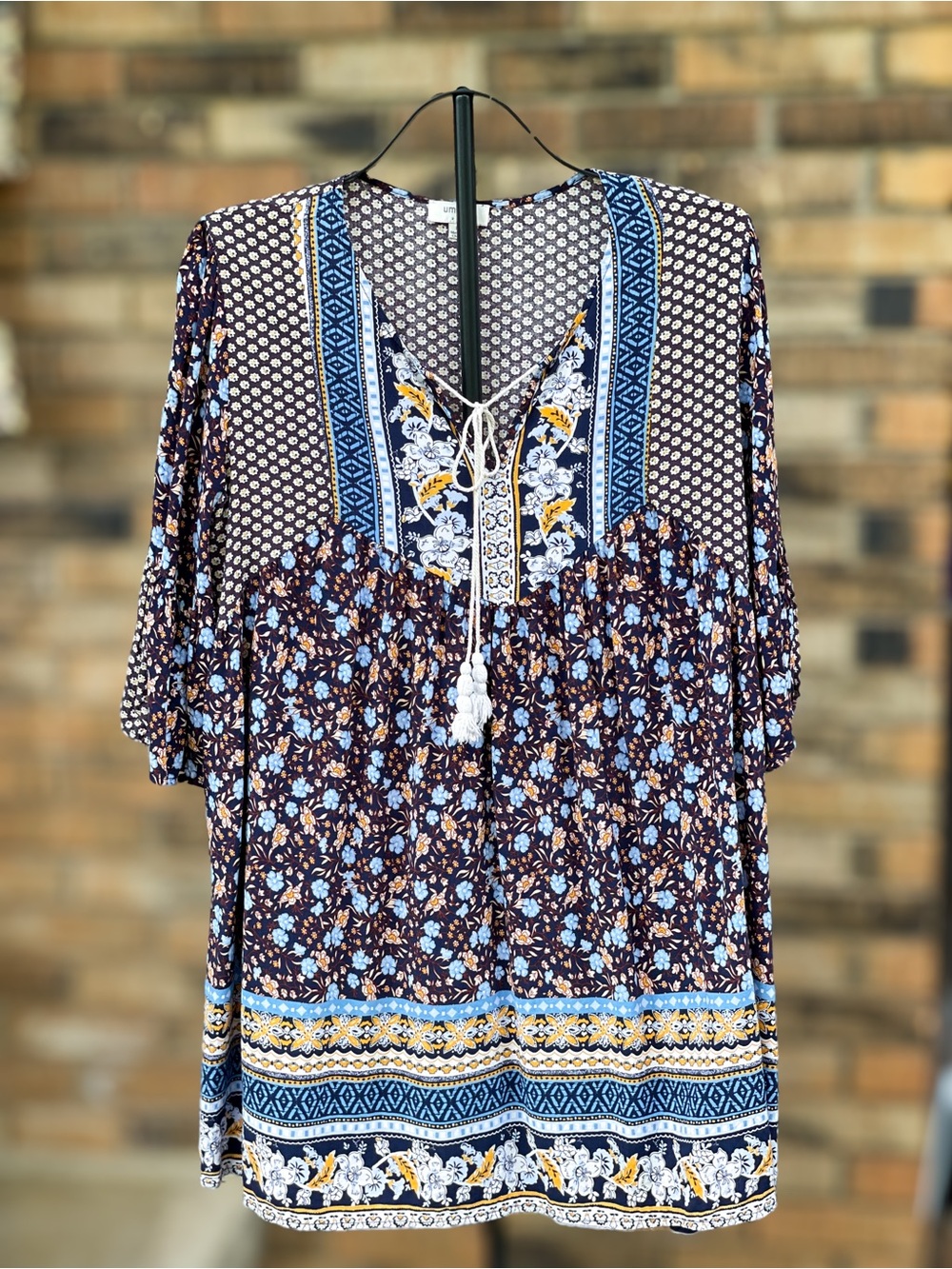 Umgee Navy Blue Mixed Floral Print Boho Tassel Dress Large